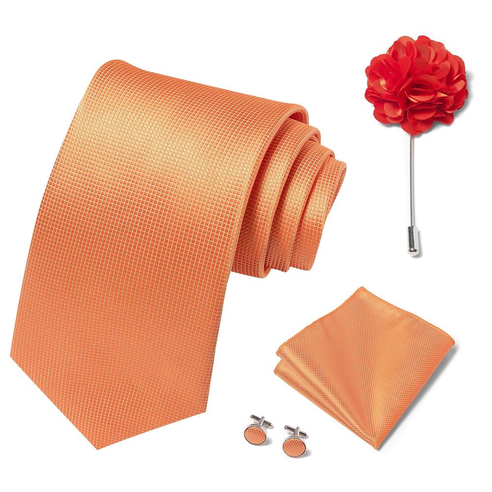 2978 Solid Color Ties Set Handkerchief Cufflinks Brooch 3.15 inches Classic